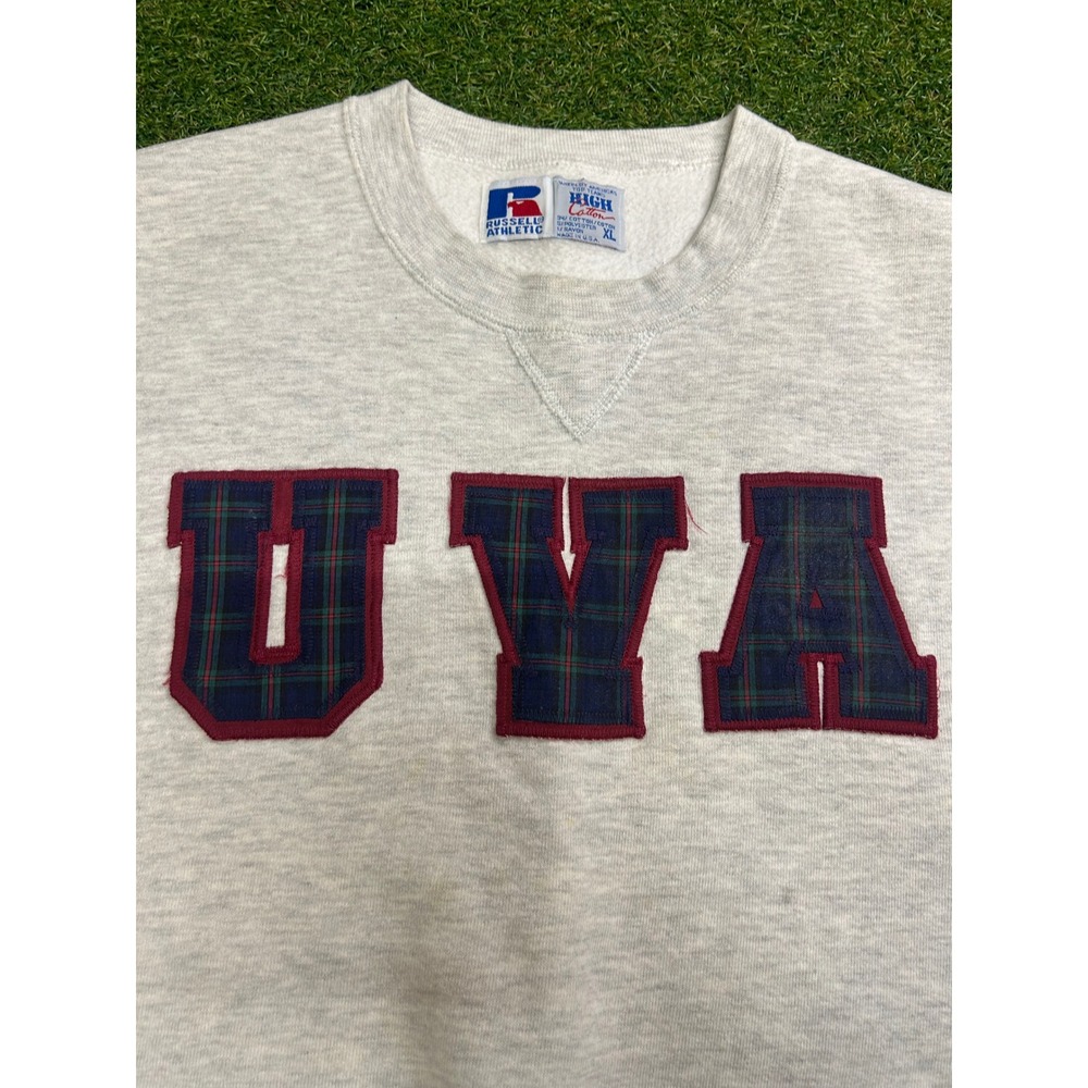 Vintage Russell Athletic UVA Sweatshirt XL Grey Plaid Applique Made in USA 90s - Picture 4 of 8